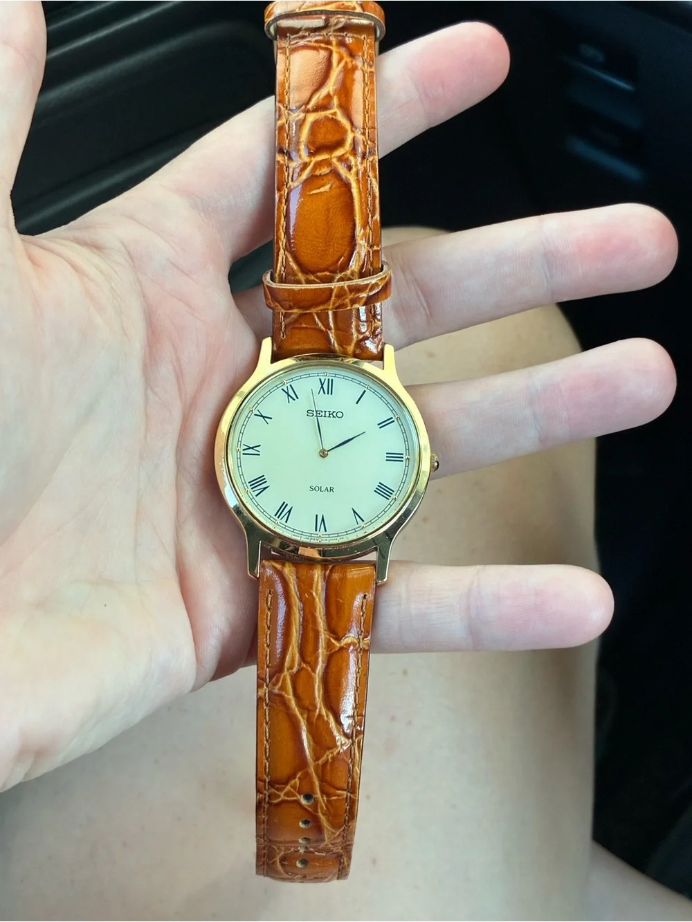 Seiko Gold-Tone Case Watch with White Dial and Brown Leather Strap